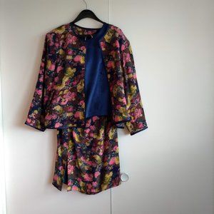 vintage 80s 3 piece floral silk skirt suit set NWOT